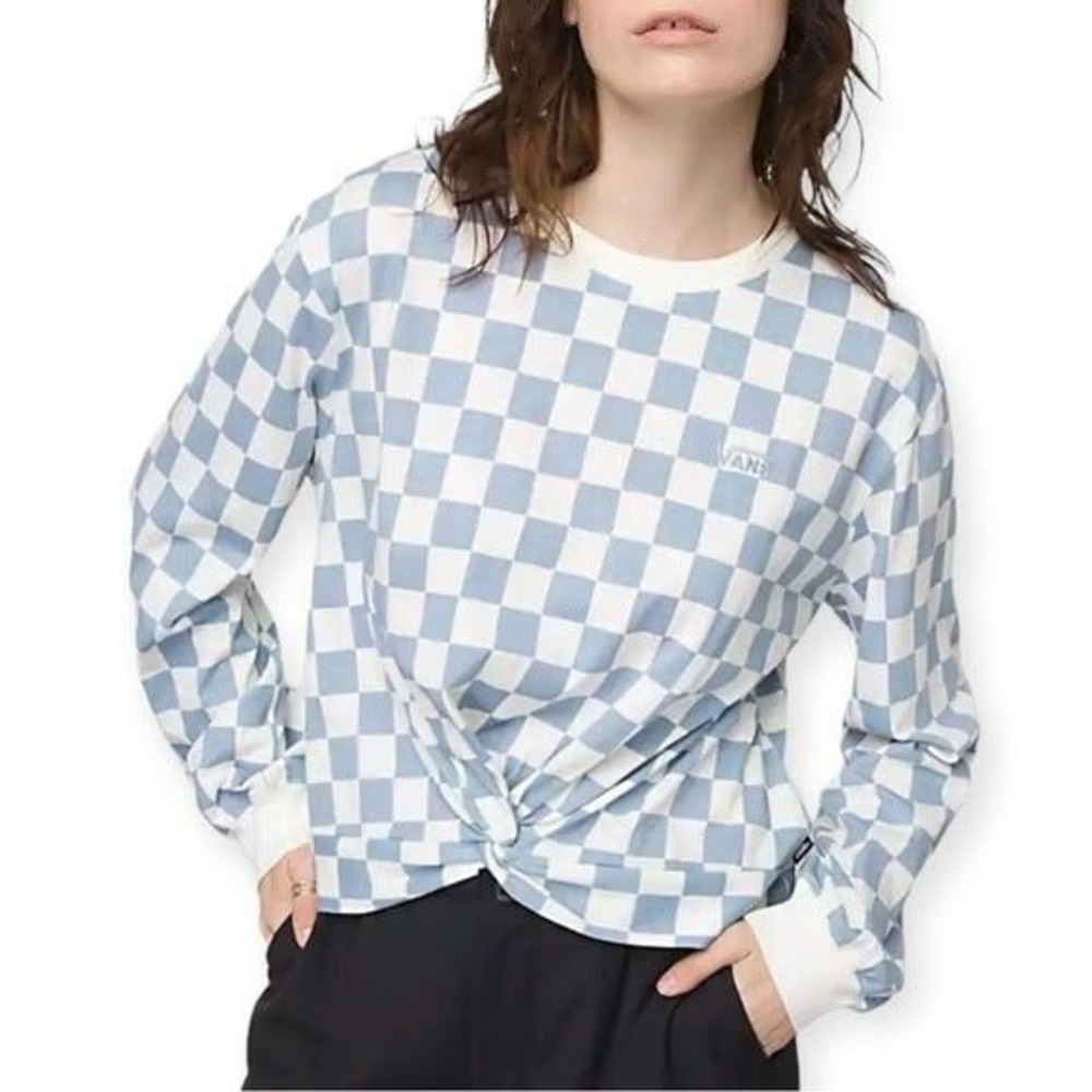 Vans Womens Blue White Checkerboard Twist Front Long Sleeve T-Shirt Large